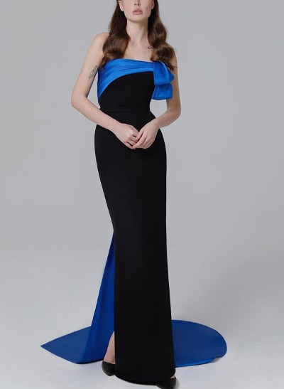 Unique Two Tone Bow Accented Satin Evening Dresses With Sweeping Side Drape