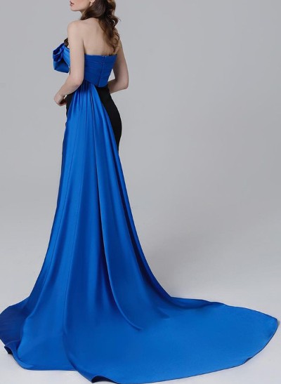 Unique Two Tone Bow Accented Satin Evening Dresses With Sweeping Side Drape