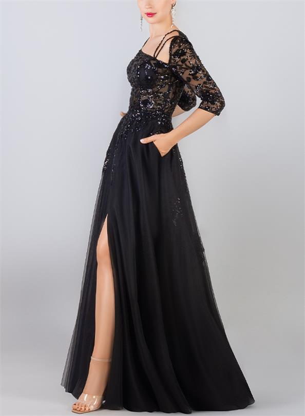 Exquisite A-Line Floral Embroidered Tulle Evening Dresses With High Split