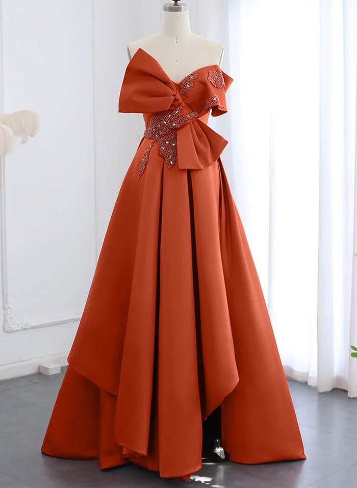 Unique A-Line Off-The-Shoulder Satin Evening Dresses With Bow(s)/Beading