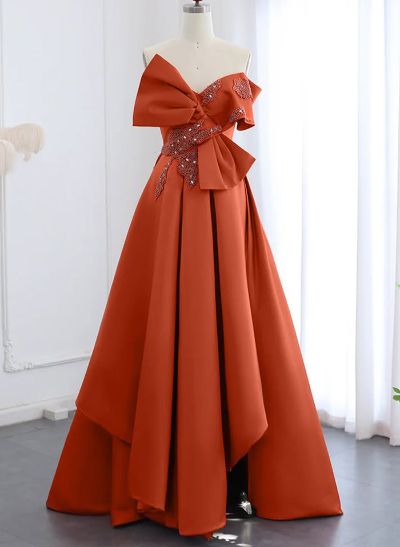 Unique A-Line Off-The-Shoulder Satin Evening Dresses With Bow(s)/Beading