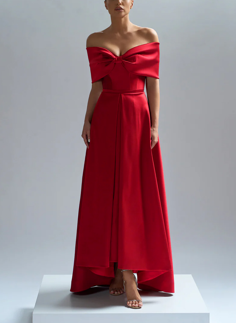 Modest A-Line Bow Accented Off-The-Shoulder Satin Evening Dresses