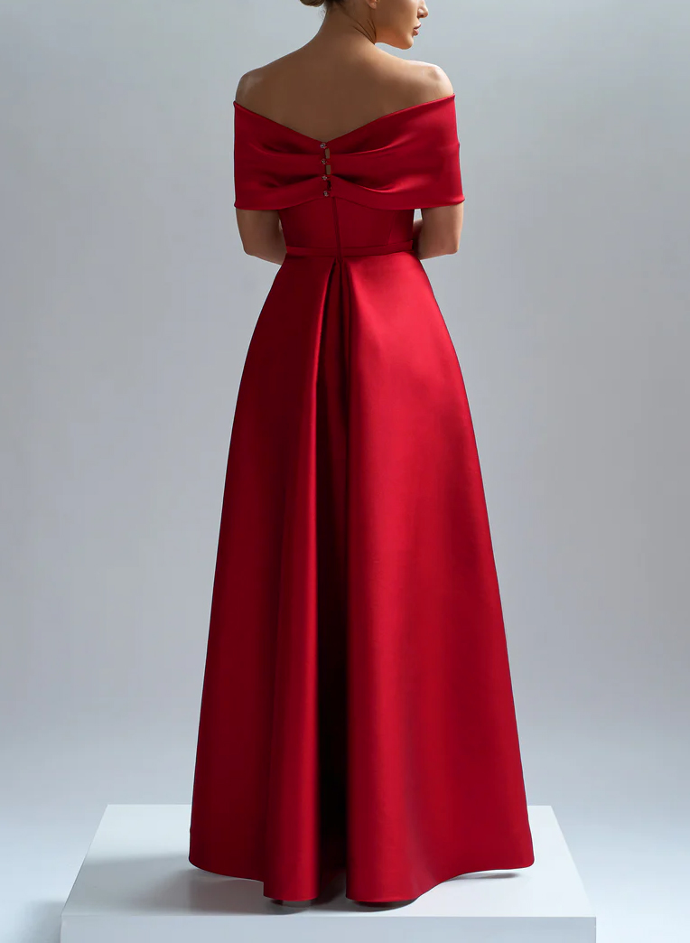 Modest A-Line Bow Accented Off-The-Shoulder Satin Evening Dresses