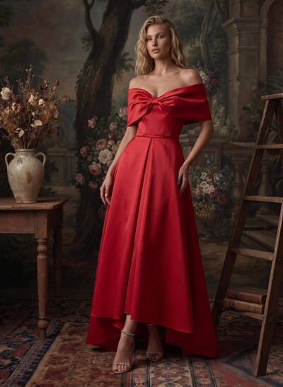 Modest A-Line Bow Accented Off-The-Shoulder Satin Evening Dresses