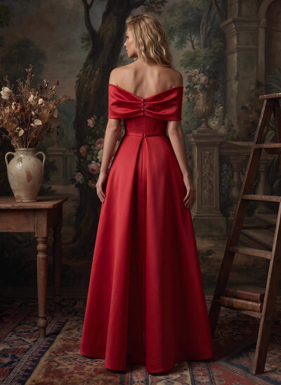 Modest A-Line Bow Accented Off-The-Shoulder Satin Evening Dresses