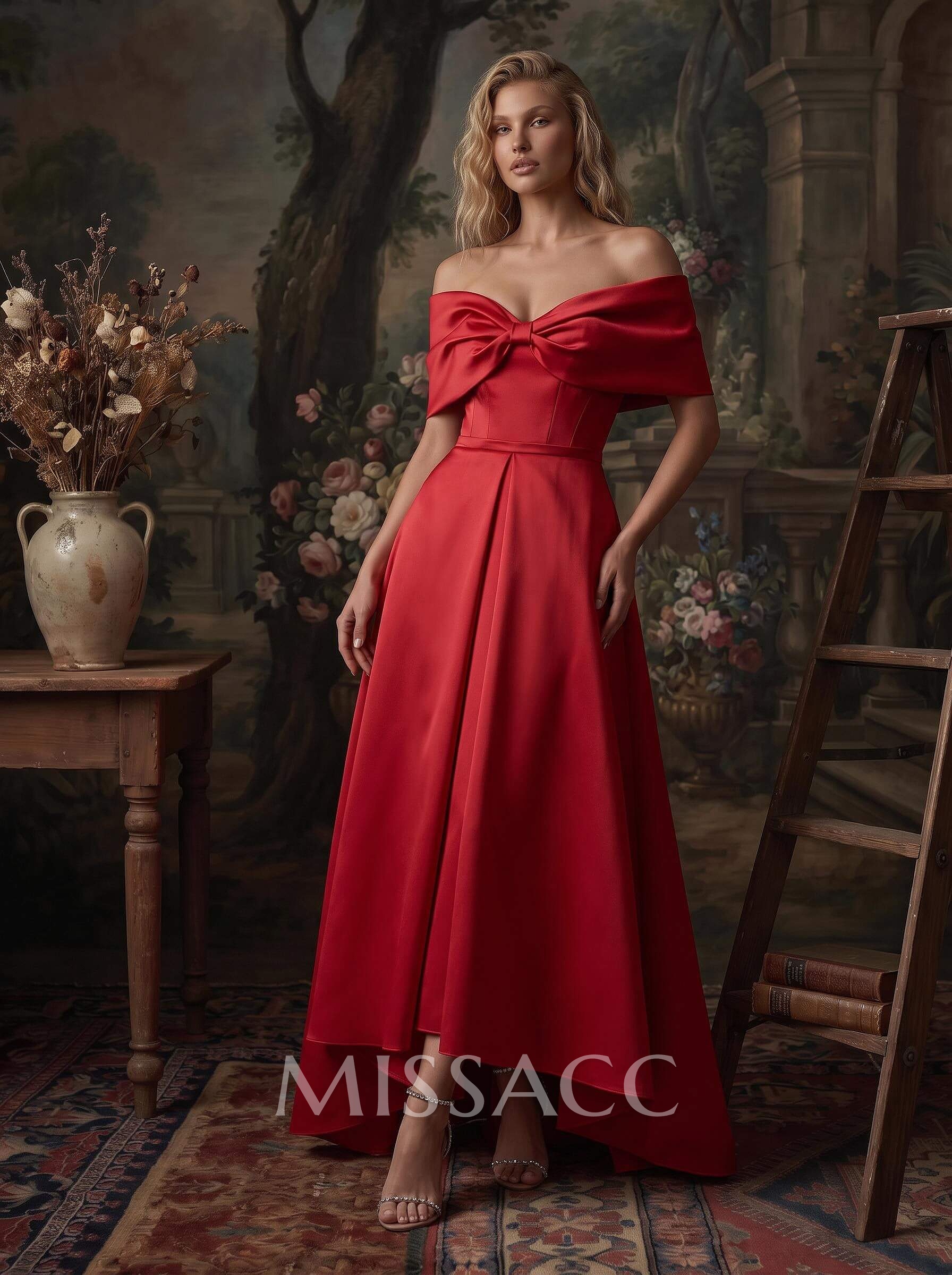 Modest A-Line Bow Accented Off-The-Shoulder Satin Evening Dresses