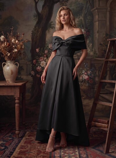 Modest A-Line Bow Accented Off-The-Shoulder Satin Evening Dresses