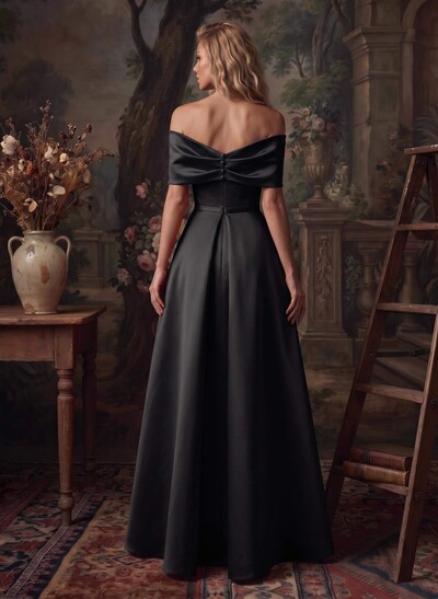 Modest A-Line Bow Accented Off-The-Shoulder Satin Evening Dresses
