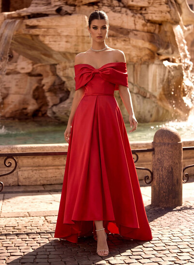 Modest A-Line Off-The-Shoulder Satin Evening Dresses With Bow Accent