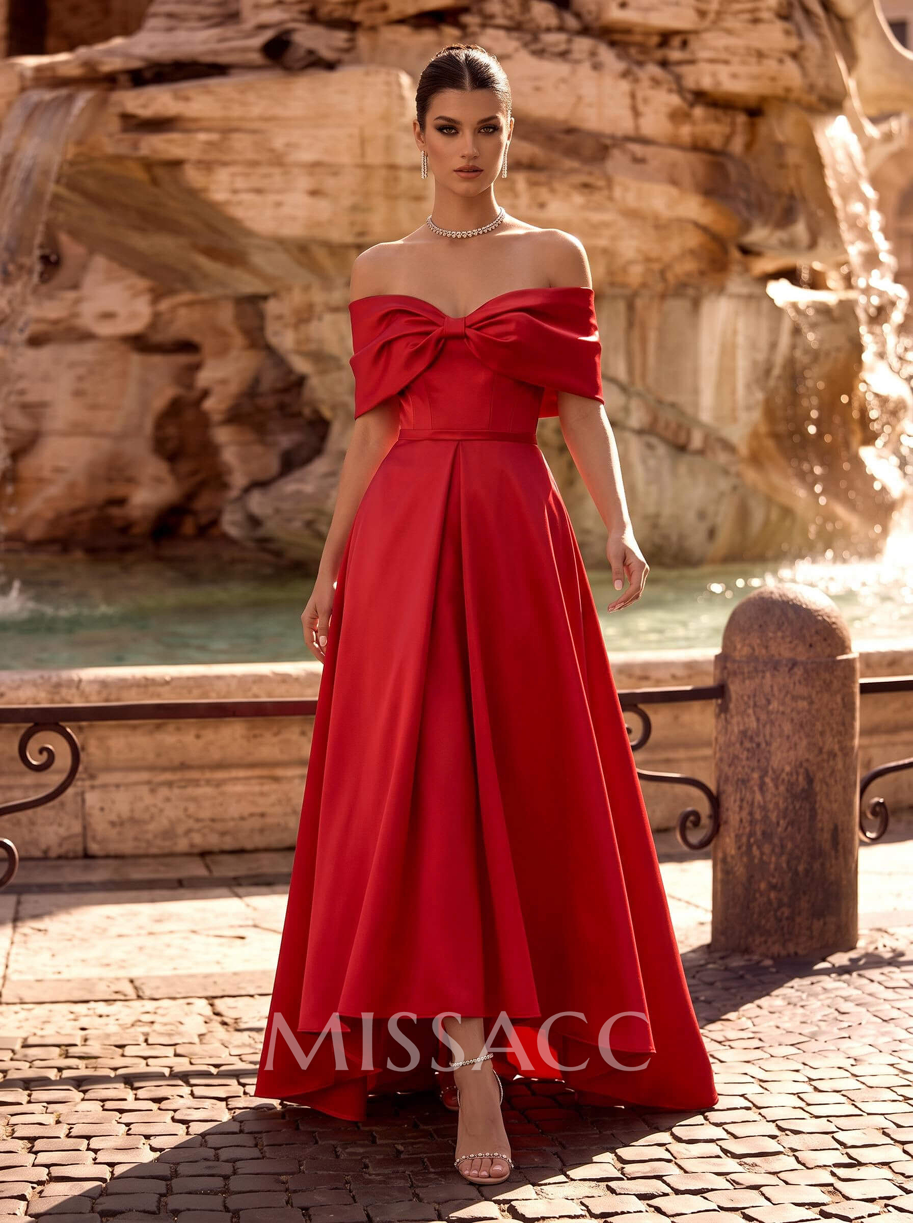 Modest A-Line Bow Accented Off-The-Shoulder Satin Evening Dresses