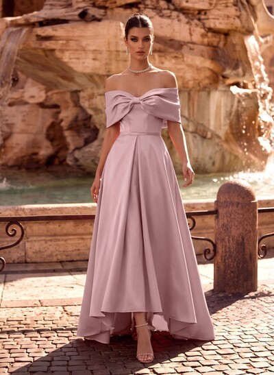Modest A-Line Bow Accented Off-The-Shoulder Satin Evening Dresses