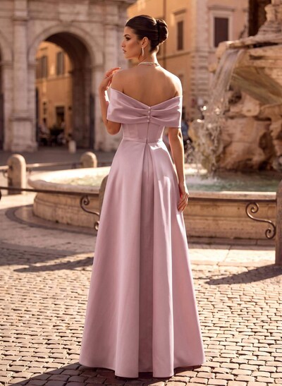 Modest A-Line Bow Accented Off-The-Shoulder Satin Evening Dresses