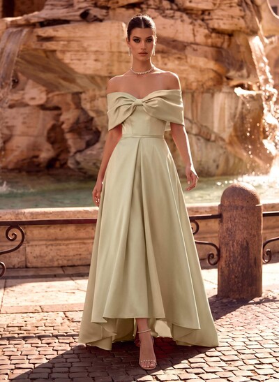 Modest A-Line Bow Accented Off-The-Shoulder Satin Evening Dresses