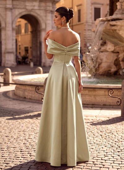 Modest A-Line Bow Accented Off-The-Shoulder Satin Evening Dresses