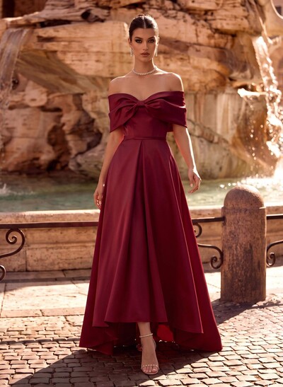 Modest A-Line Bow Accented Off-The-Shoulder Satin Evening Dresses