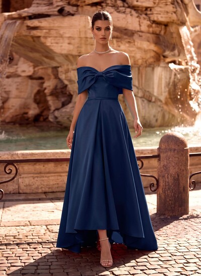 Modest A-Line Bow Accented Off-The-Shoulder Satin Evening Dresses