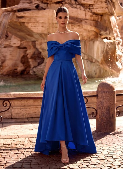 Modest A-Line Bow Accented Off-The-Shoulder Satin Evening Dresses