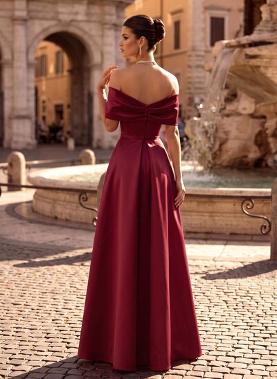 Modest A-Line Bow Accented Off-The-Shoulder Satin Evening Dresses