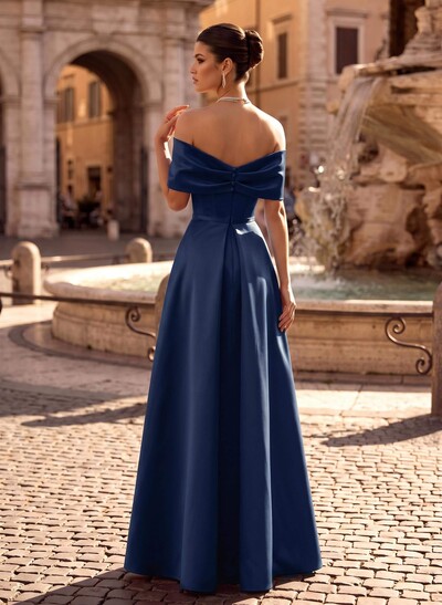 Modest A-Line Bow Accented Off-The-Shoulder Satin Evening Dresses