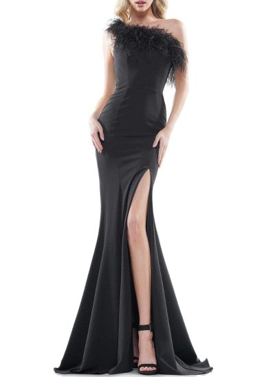 Flattering Feather Detailed One-Shoulder High Split Elastic Satin Evening Dresses