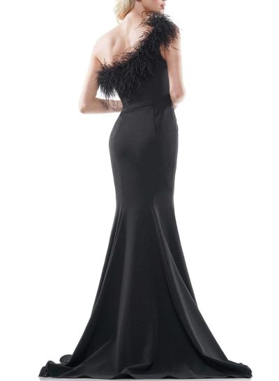 Flattering Feather Detailed One-Shoulder High Split Elastic Satin Evening Dresses