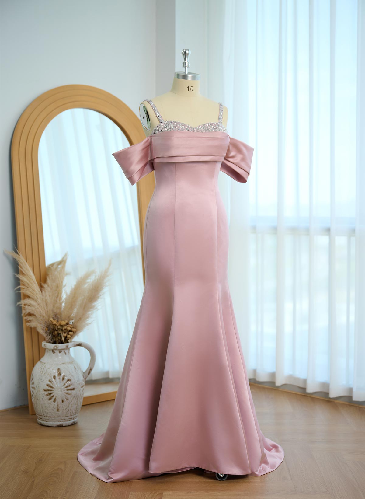 Dreamy Cold Shoulder Ruffle Satin Evening Dresses With Sequins