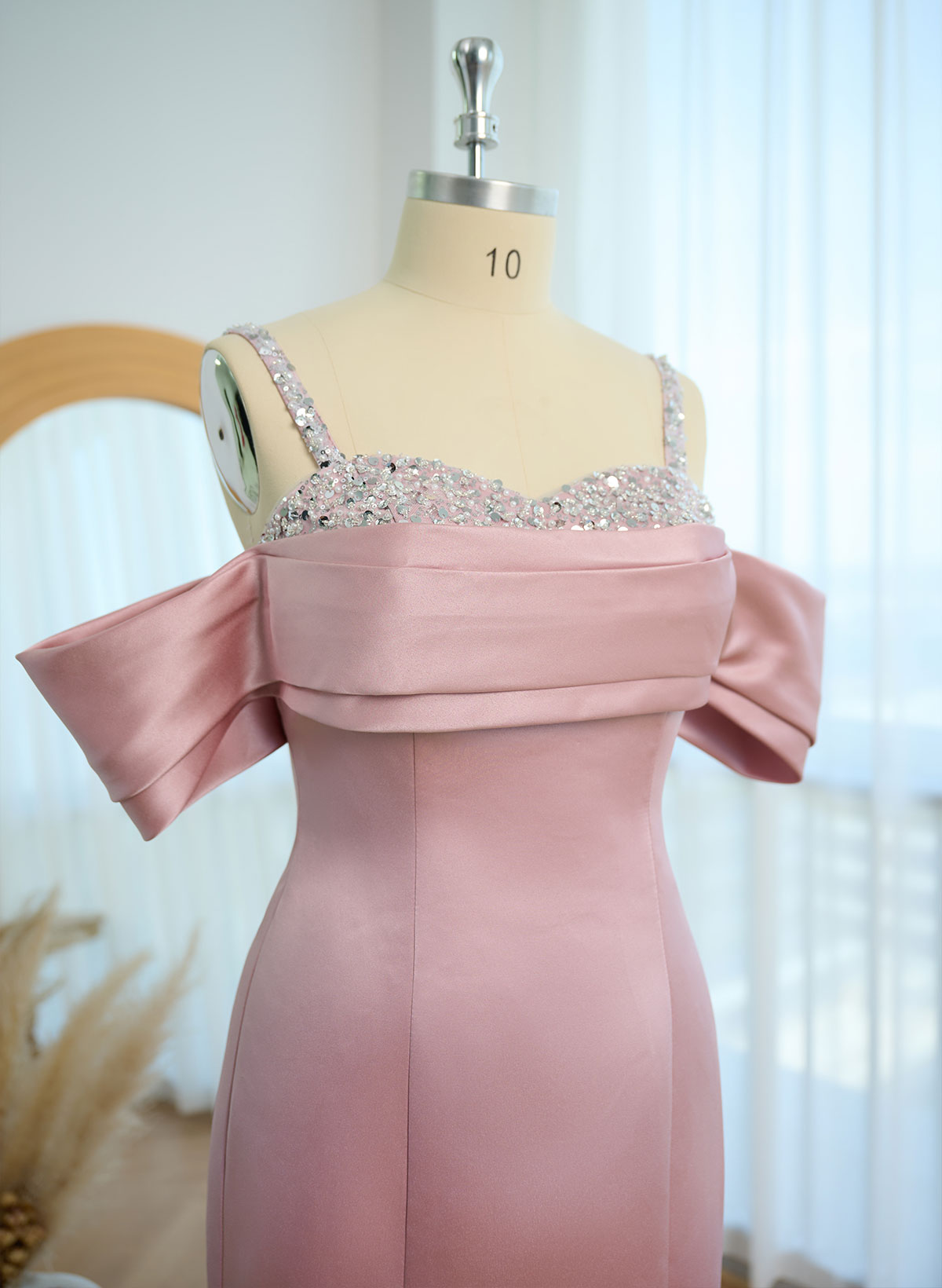 Dreamy Cold Shoulder Ruffle Satin Evening Dresses With Sequins