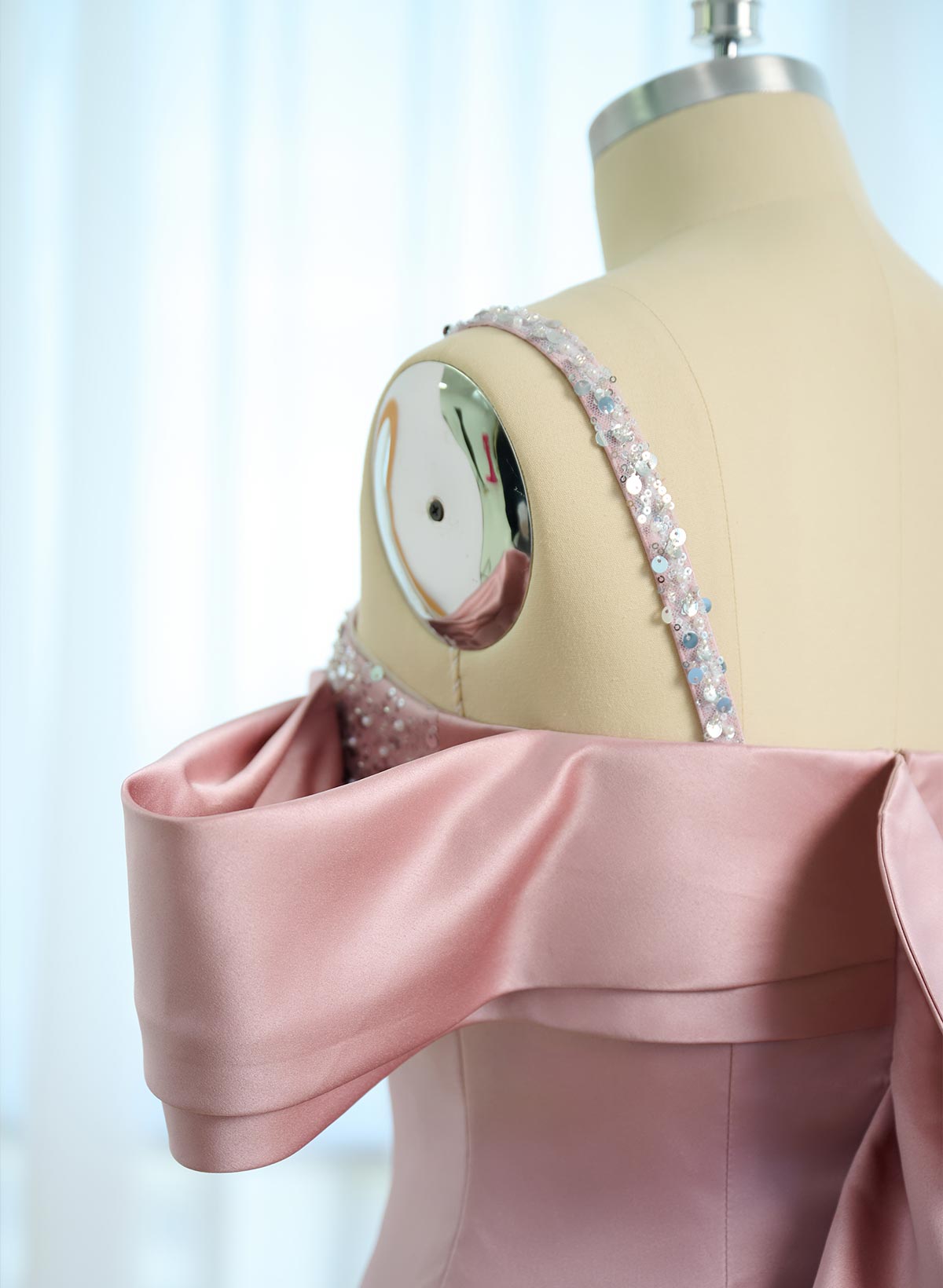 Dreamy Cold Shoulder Ruffle Satin Evening Dresses With Sequins