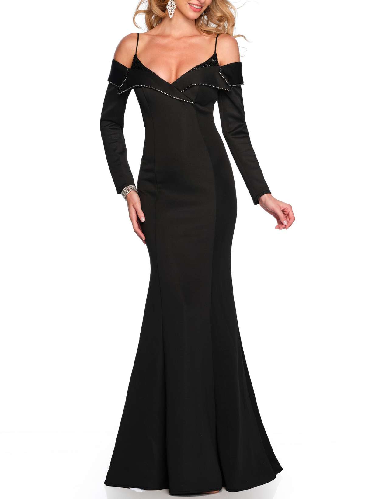 Elegant Sequins Cold Shoulder Long Sleeves Acetate Satin Evening Dresses