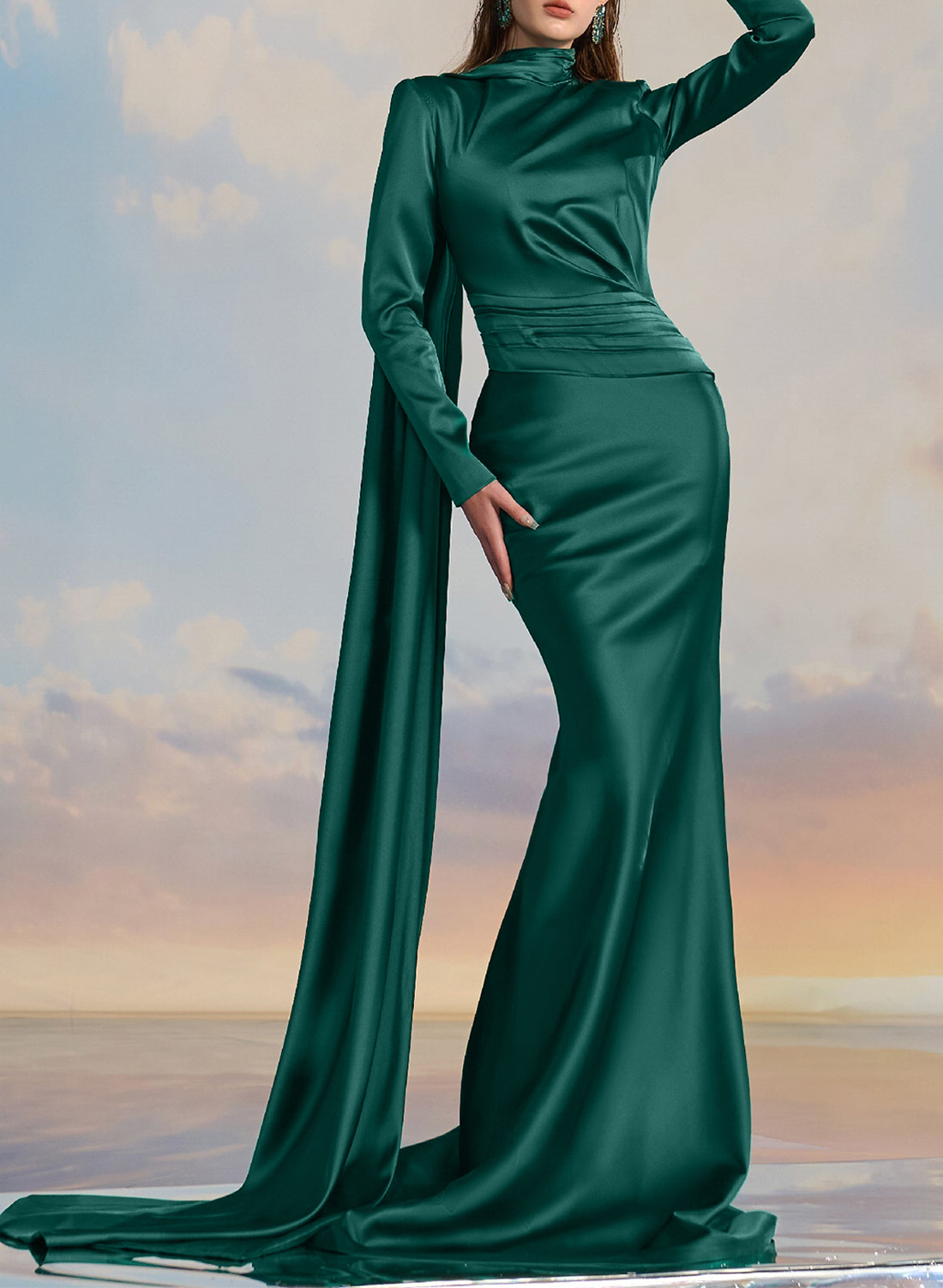 Elegant High Neck Long Sleeves Satin Evening Dresses With Pleated