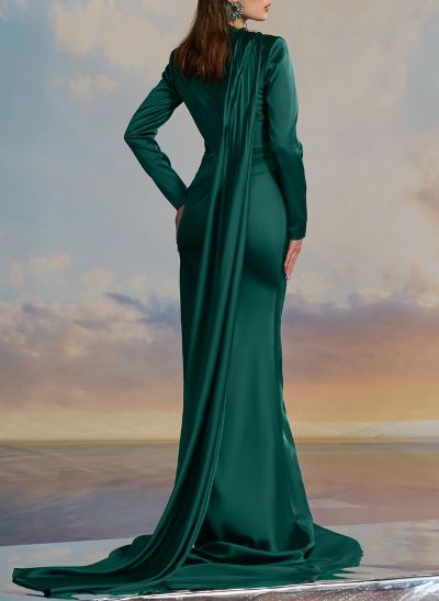 Elegant High Neck Long Sleeves Satin Evening Dresses With Pleated