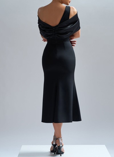 Flattering Asymmetrical Tea-Length Acetate Satin Evening Dresses With Bow(s)