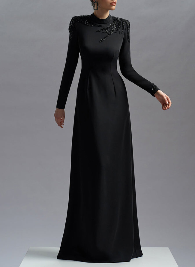 Sheath/Column Scoop Neck Long Sleeves Floor-Length Acetate Satin(Non-Stretch) Evening Dresses With Sequins