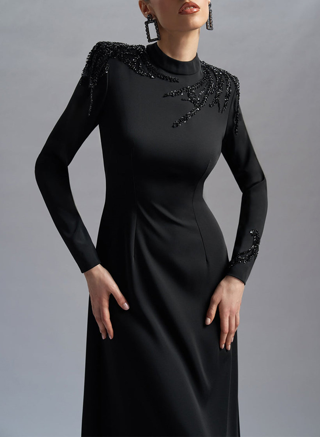 Sheath/Column Scoop Neck Long Sleeves Floor-Length Acetate Satin(Non-Stretch) Evening Dresses With Sequins