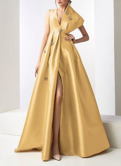 A-Line Asymmetrical Sleeveless Floor-Length Satin(Non-Stretch) Evening Dresses With High Split