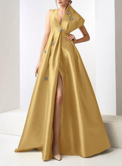 A-Line Asymmetrical Sleeveless Floor-Length Satin(Non-Stretch) Evening Dresses With High Split