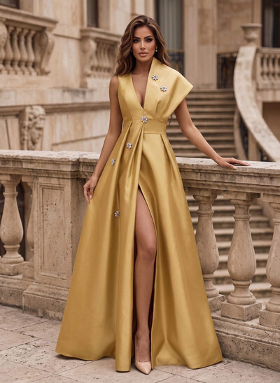 A-Line Asymmetrical Sleeveless Floor-Length Satin(Non-Stretch) Evening Dresses With High Split