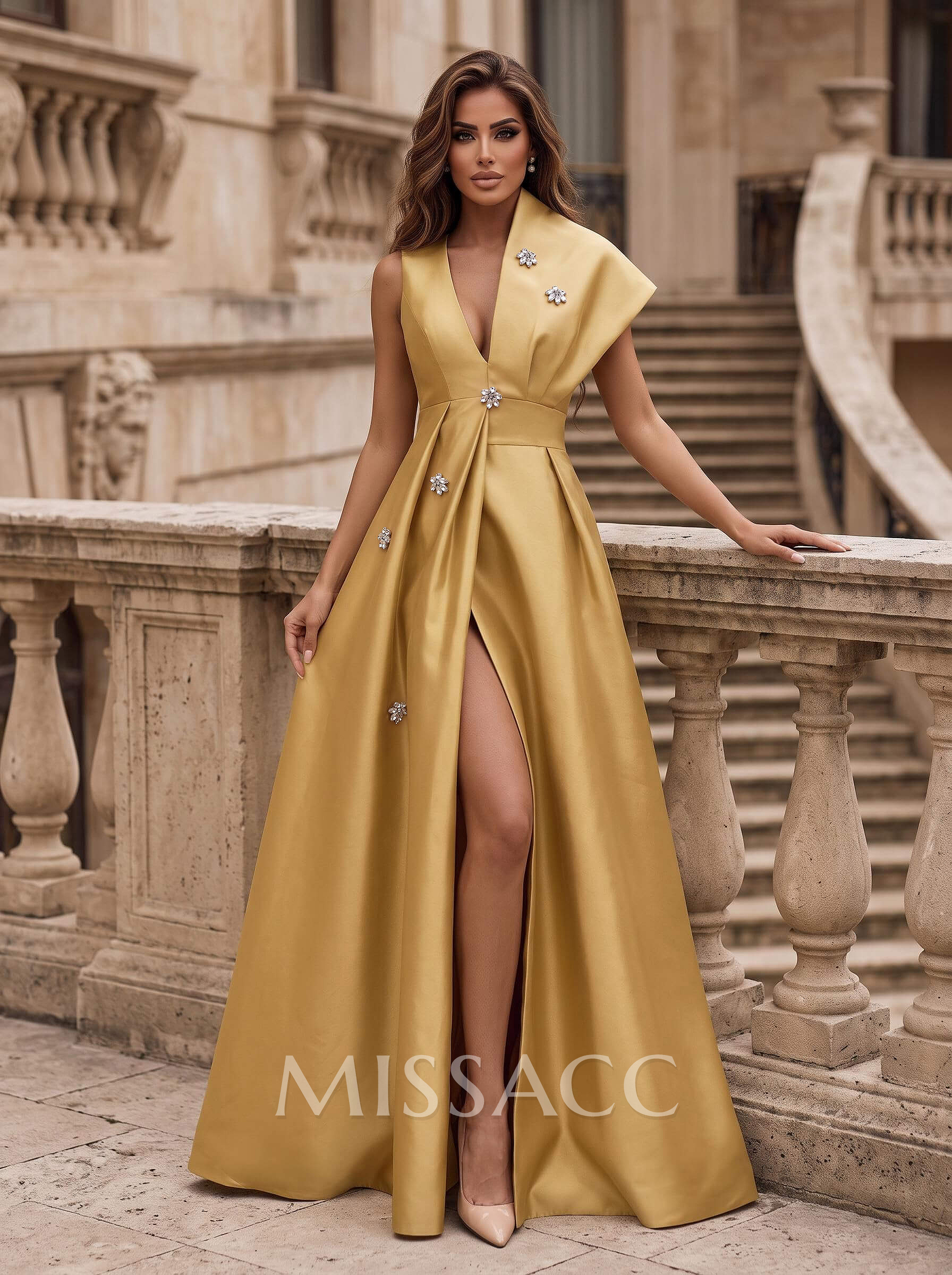 A-Line Asymmetrical Sleeveless Floor-Length Satin(Non-Stretch) Evening Dresses With High Split A-Line Asymmetrical Sleeveless Floor-Length Satin(Non-Stretch) Evening Dresses With High Split