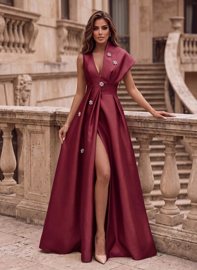 A-Line Asymmetrical Sleeveless Floor-Length Satin(Non-Stretch) Evening Dresses With High Split