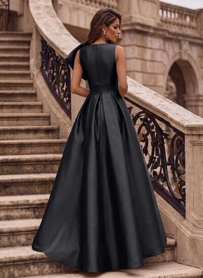 A-Line Asymmetrical Sleeveless Floor-Length Satin(Non-Stretch) Evening Dresses With High Split