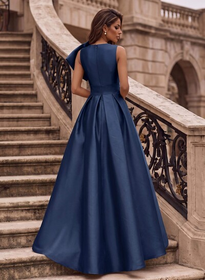 A-Line Asymmetrical Sleeveless Floor-Length Satin(Non-Stretch) Evening Dresses With High Split