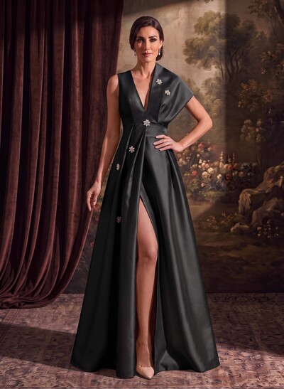 A-Line Asymmetrical Sleeveless Floor-Length Satin(Non-Stretch) Evening Dresses With High Split