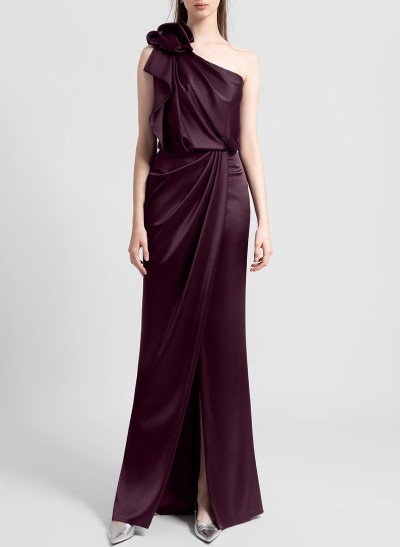 Sheath/Column One-Shoulder Sleeveless Floor-Length Silk Like Satin(Non-Stretch) Evening Dresses With Ruffle