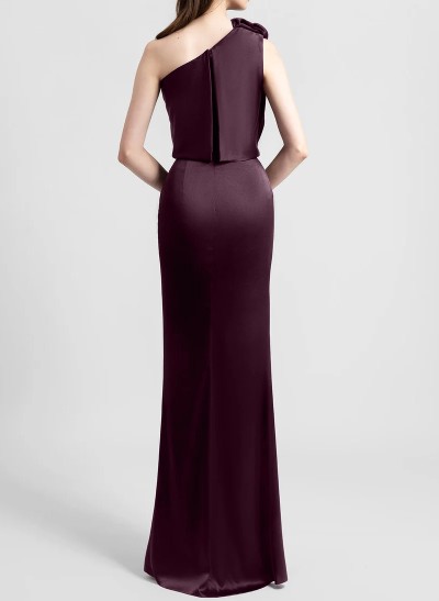 Sheath/Column One-Shoulder Sleeveless Floor-Length Silk Like Satin(Non-Stretch) Evening Dresses With Ruffle