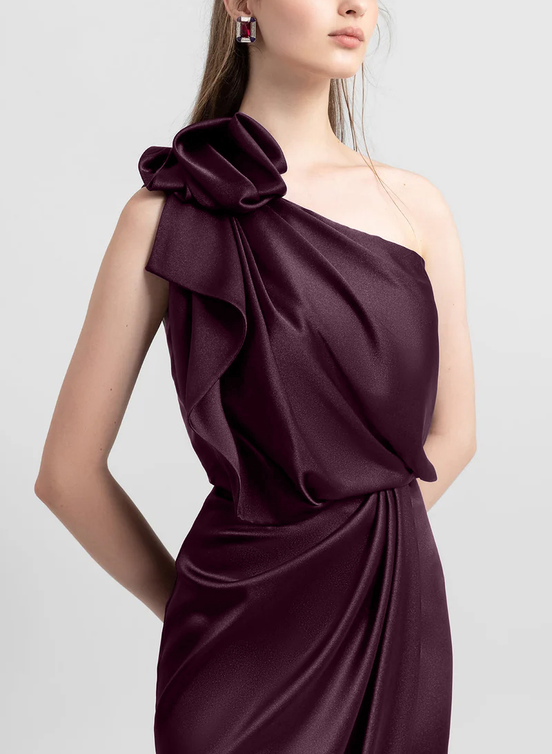 Sheath/Column One-Shoulder Sleeveless Floor-Length Silk Like Satin(Non-Stretch) Evening Dresses With Ruffle