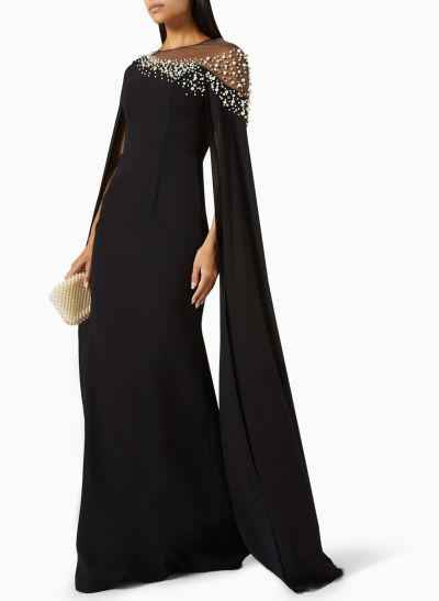 Elegant Scoop Neck Cape-Sleeve Beading Chiffon Evening Dresses