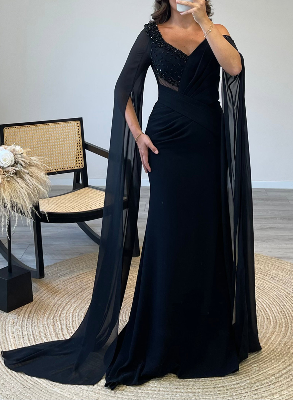 Unique Asymmetrical Cape Sleeves Chiffon Evening Dresses With Sequins