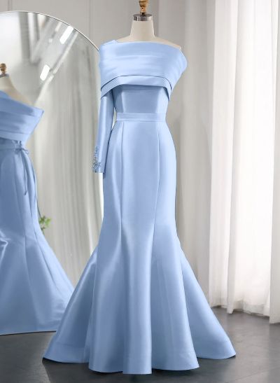 Unique Mermaid One-Shoulder Long Sleeves Satin Evening Dresses With Beading