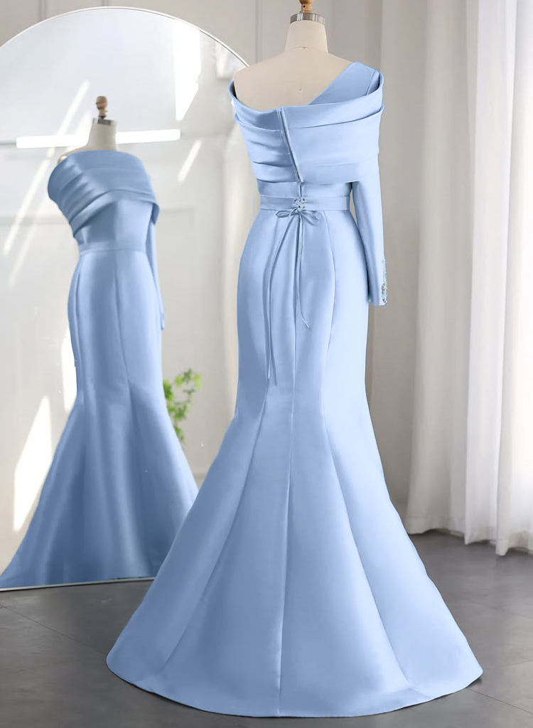 Unique Mermaid One-Shoulder Long Sleeves Satin Evening Dresses With Beading