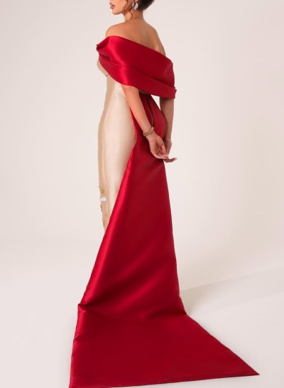 Unique Off-The-Shoulder Satin Evening Dresses With Rhinestone